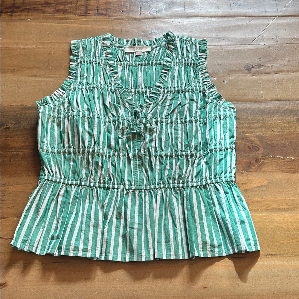LOFT Green and White Striped Ruffle Blouse